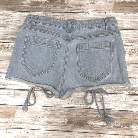 Micro Denim Shorts Sz Sm Light Wash Lace up Thigh High Rise Festival Boho Hippie - Picture 2 of 7